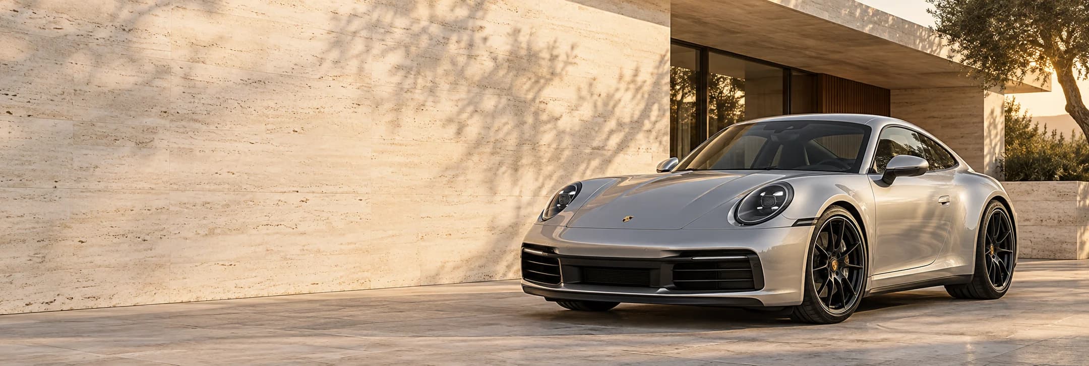 Silver sports coupe in the warm light of a modern stone courtyard